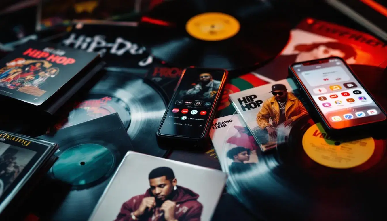 Vinyl records and streaming service icons representing music industry evolution