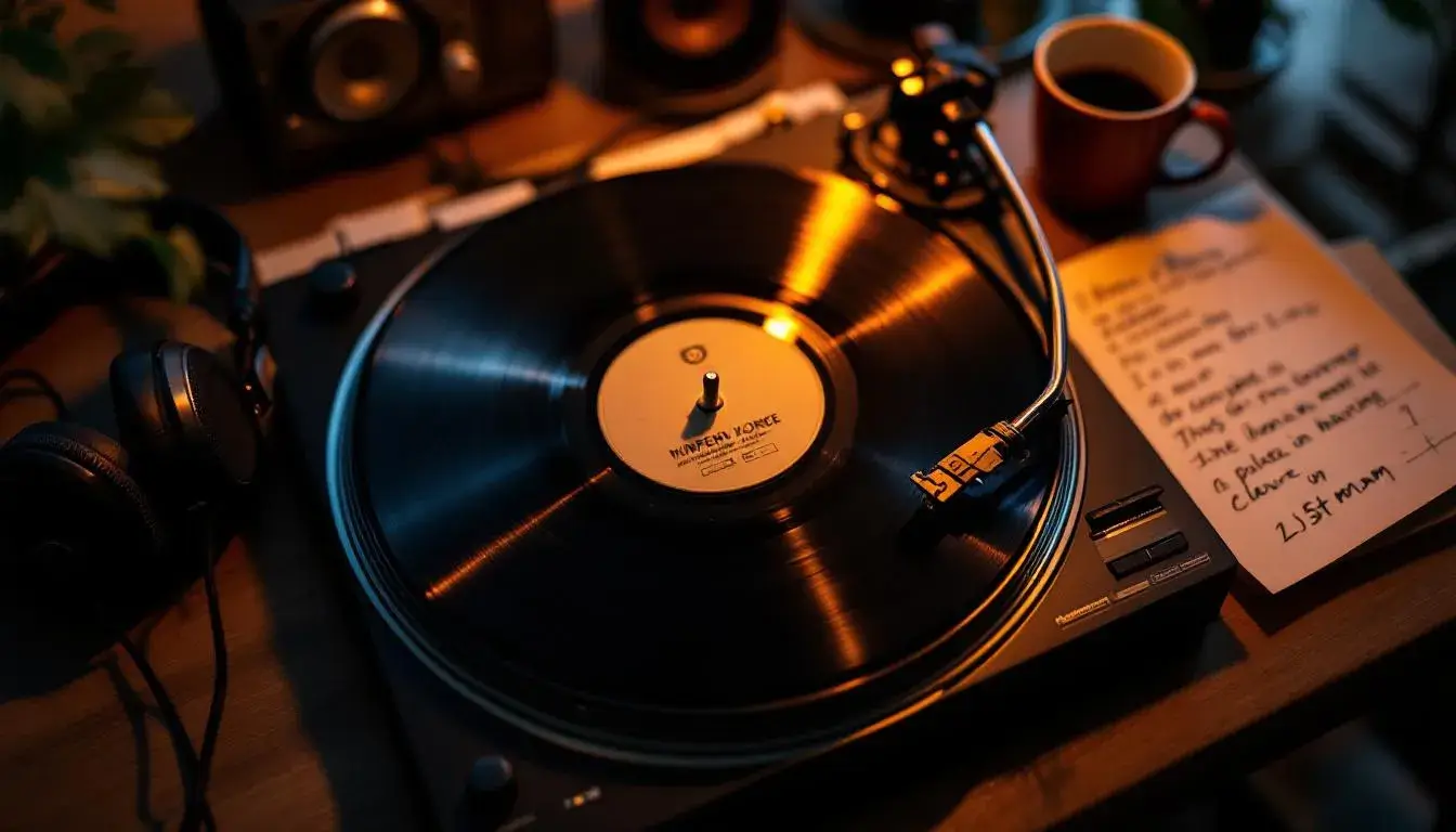 Vinyl record spinning on turntable with track listing
