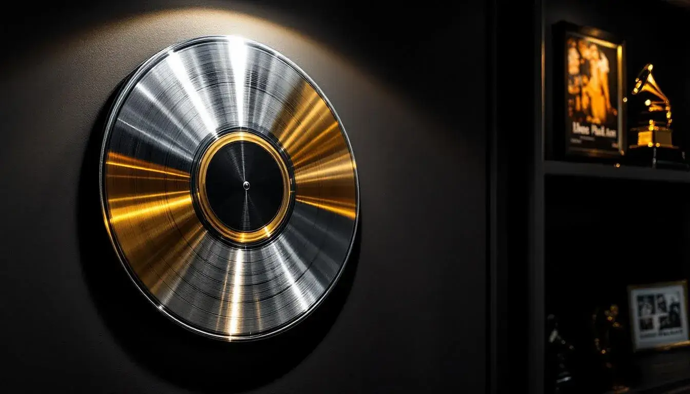Platinum record plaque and Grammy award music legacy display