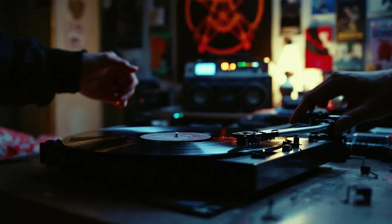 Vintage 12-inch vinyl single on turntable 1986 hip-hop origins