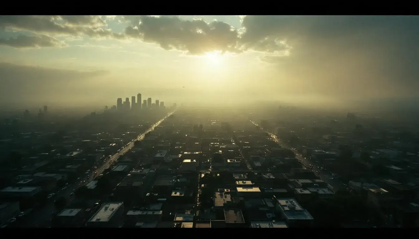 Aerial view of 1980s South Central Los Angeles at dawn
