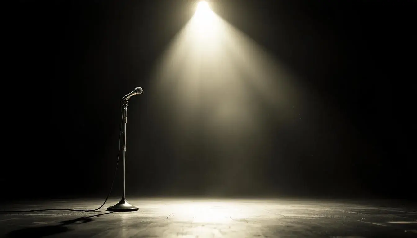 Vintage microphone on empty stage dramatic spotlight legacy