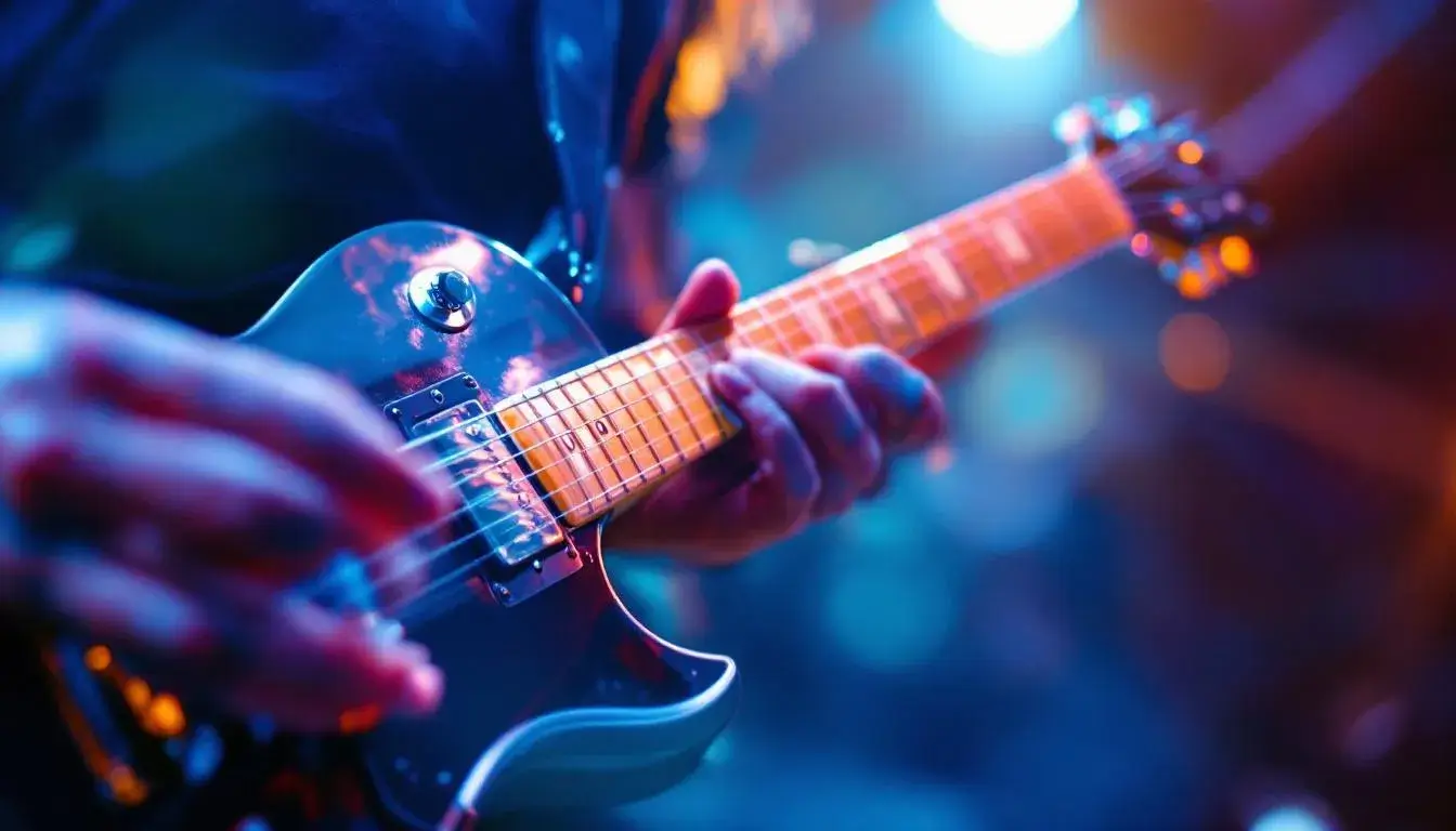 Electric guitars being played on stage heavy metal concert