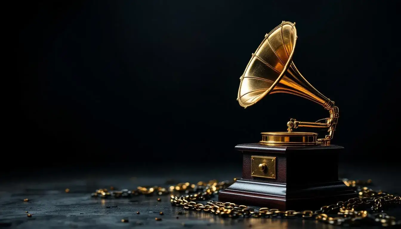 Golden gramophone trophy award dramatic spotlight metal aesthetic