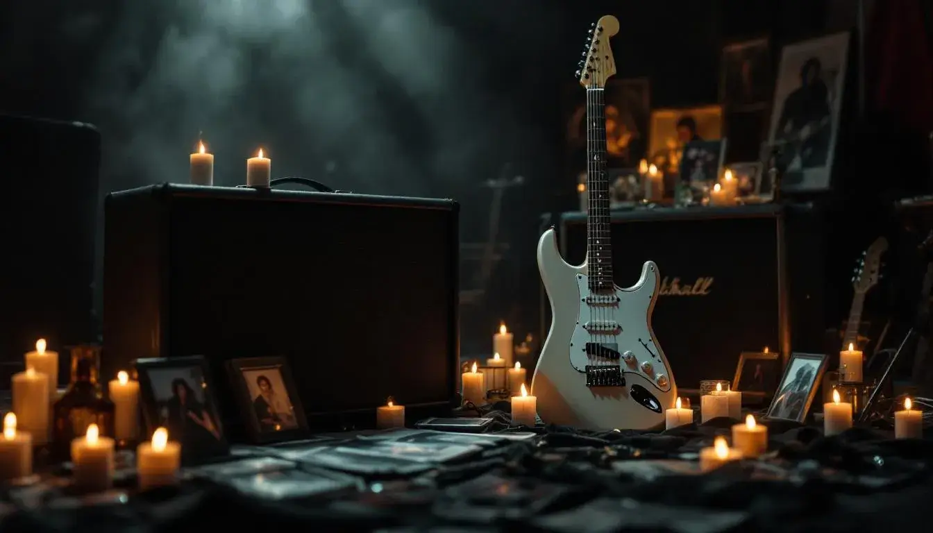 Guitar leaning against amplifier with memorial candles tribute to fallen musicians