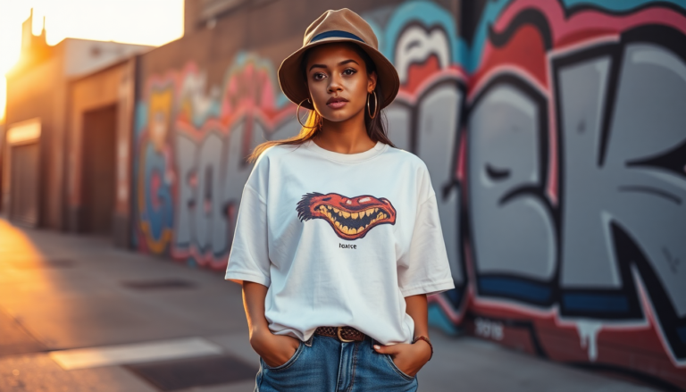 90s hip hop fashion women - woman wearing oversized graphic tee, baggy jeans, gold hoops, and bucket hat in urban setting