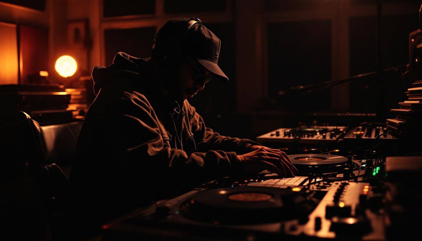 golden era hip-hop production studio setup with turntables and sampler