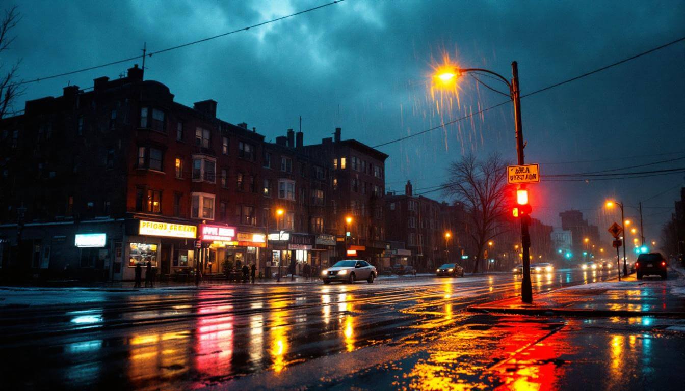 rain-soaked urban New York City street at dusk with warm streetlights