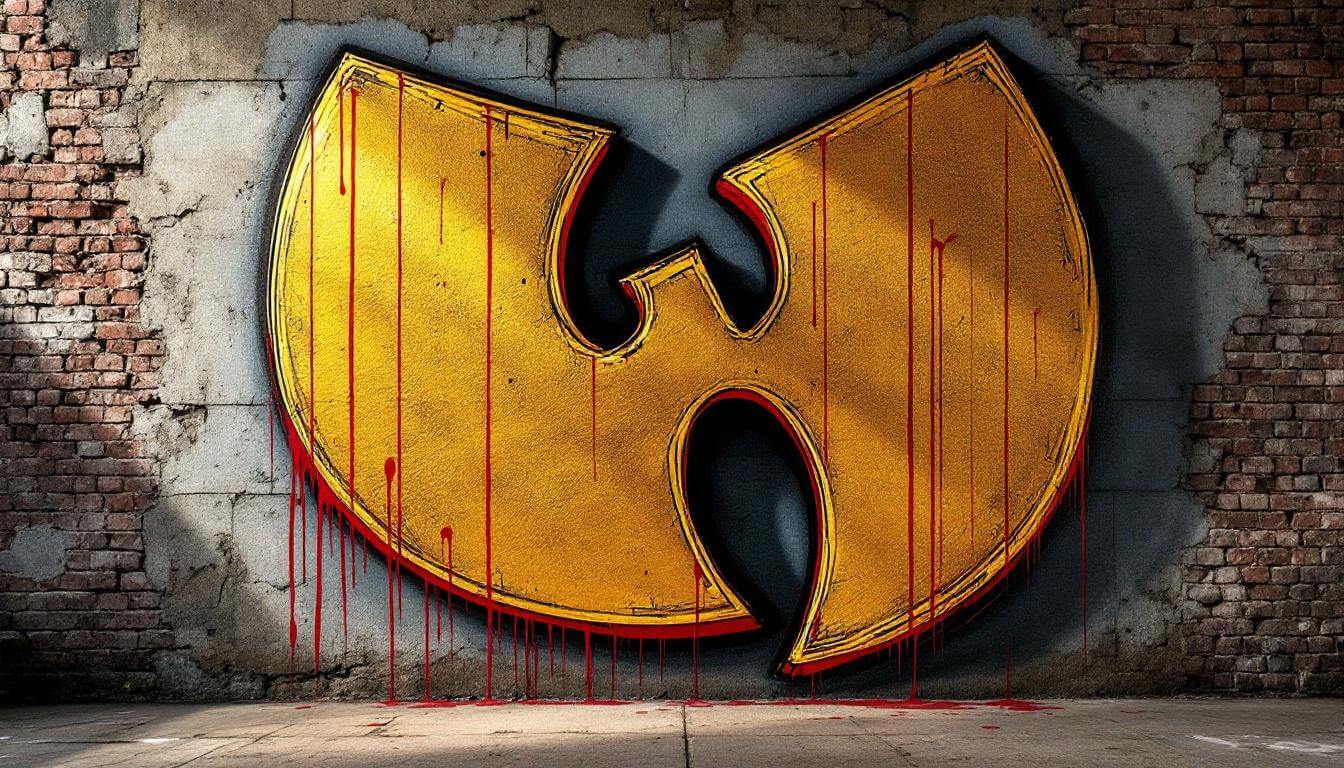 Wu-Tang inspired street art graffiti mural with golden and crimson tones