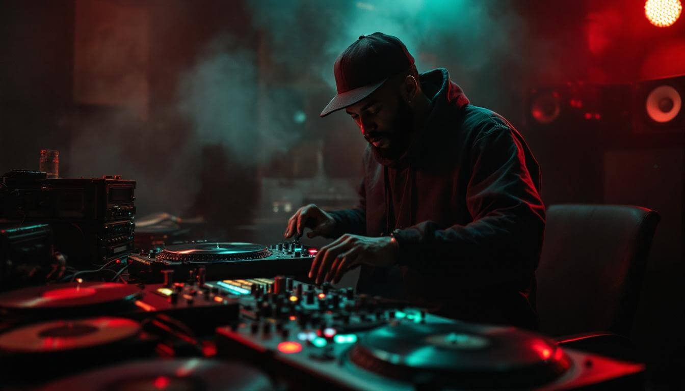 DJ Muggs production style with turntables and mixing equipment
