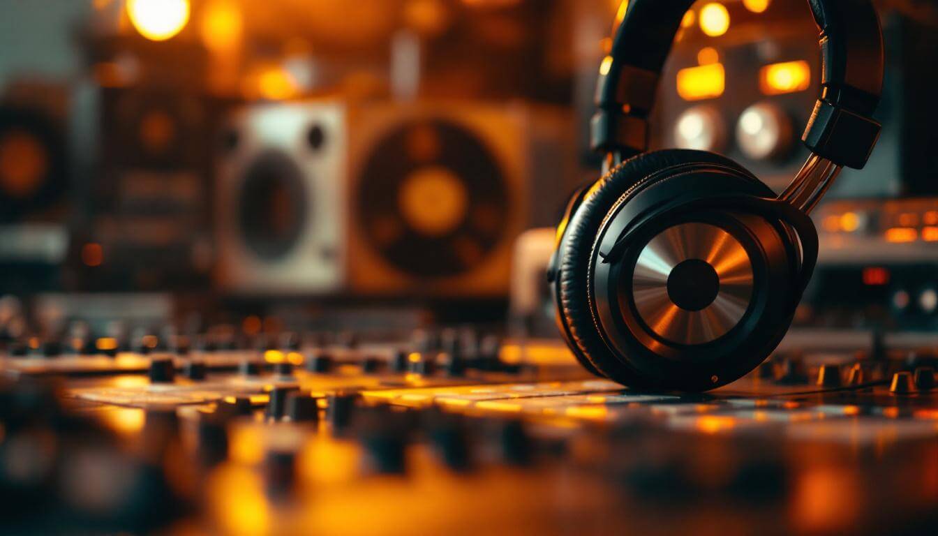 vintage studio headphones on mixing desk with warm lighting