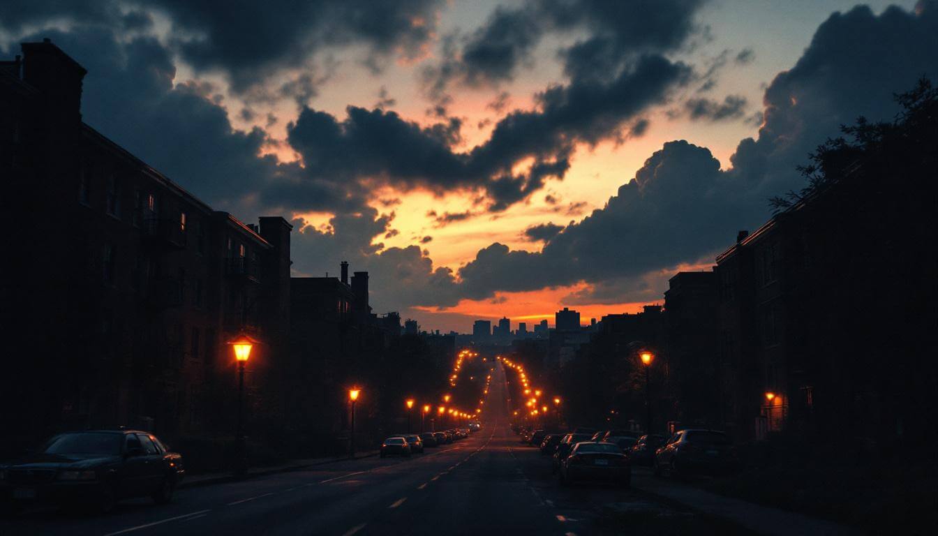 1990s Queensbridge urban landscape at dusk