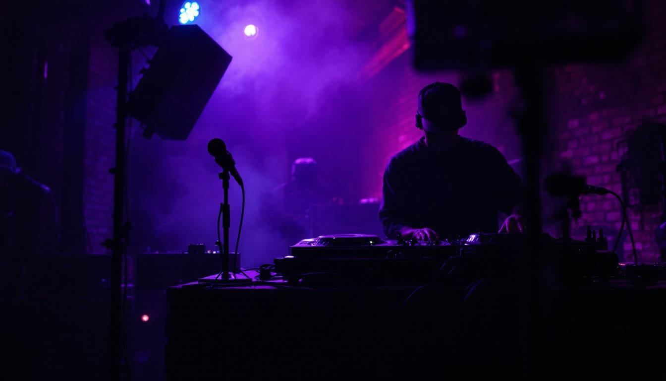 Underground hip-hop venue, 1990s concert atmosphere