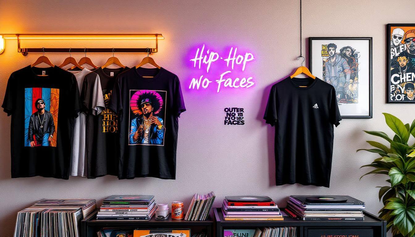 hip hop merchandise categories display with tees vinyl and neon