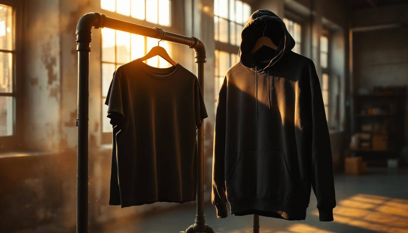 clipse merchandise warehouse rack with workwear jacket and tees