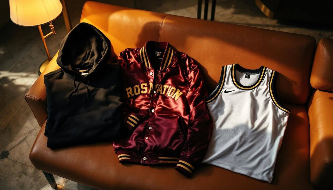 black heavyweight hoodie and burgundy varsity jacket arranged on leather seating