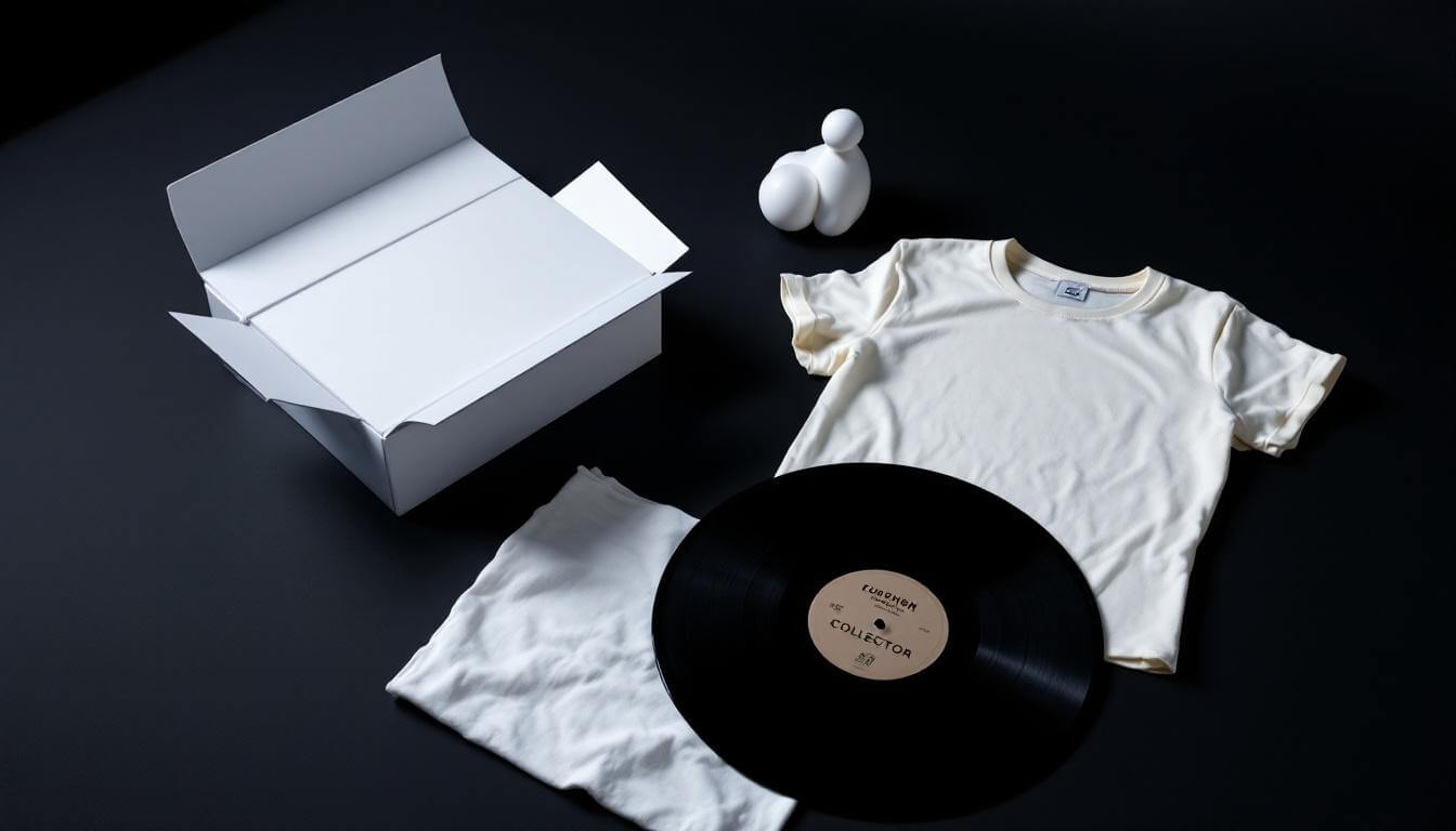 KAWS x Clipse style art-toy collector box and folded designer t-shirt on black tabletop