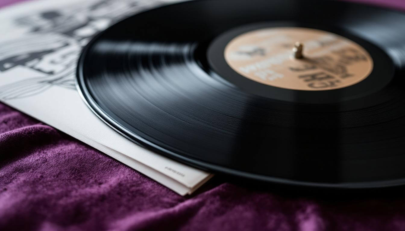black 12-inch vinyl record half pulled from designer illustrated sleeve on purple velvet