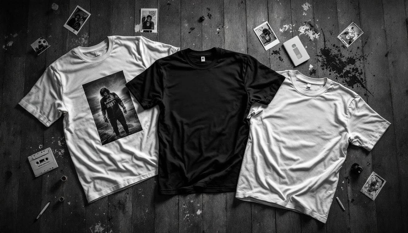 moody flat-lay of independent screen-printed cream cotton t-shirts and Polaroid prints