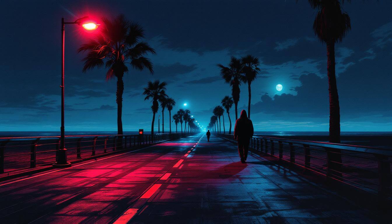 Empty Virginia Beach boardwalk at night under flashing red and blue police lights