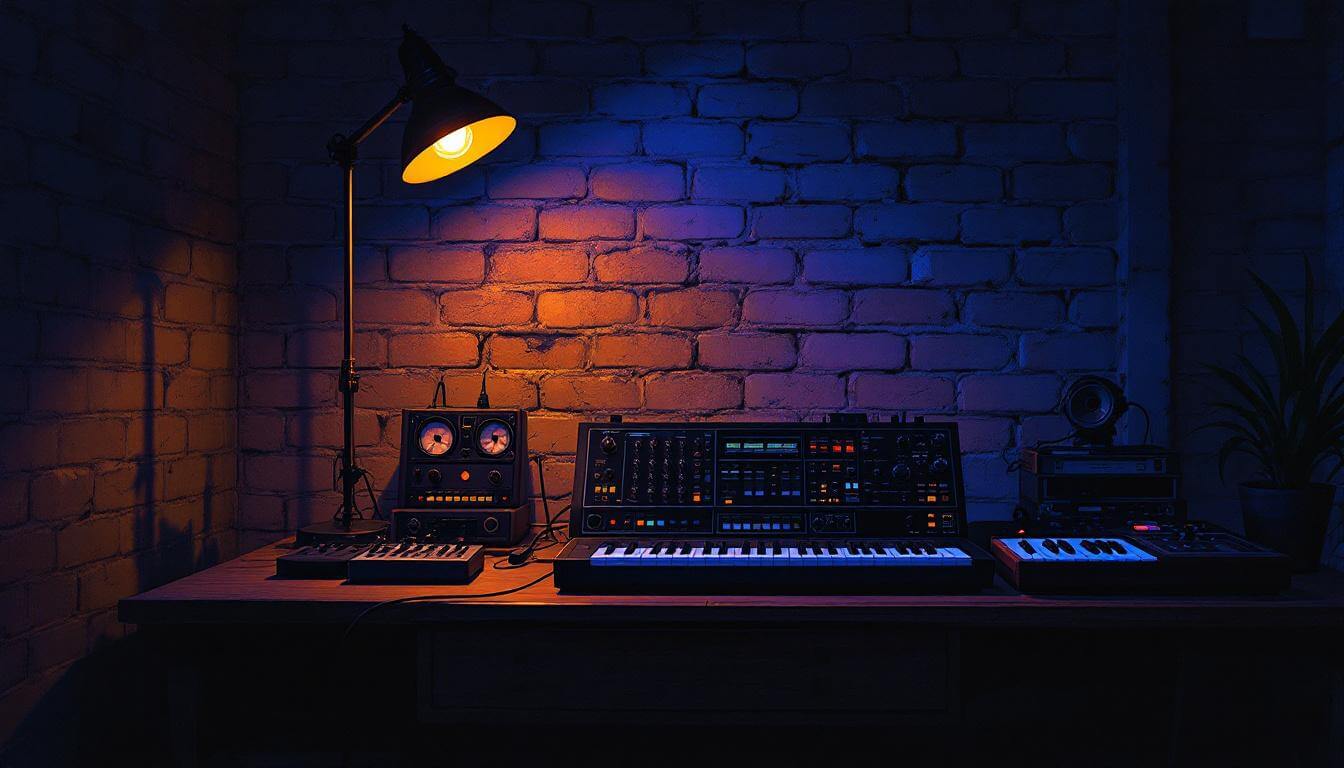 Sparse 2006 Neptunes-era hip-hop production studio with vintage MPC and synthesizer