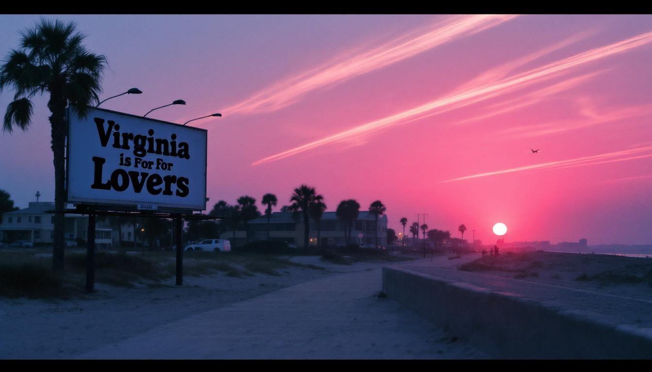 A Virginia Beach boardwalk at twilight with a faded Virginia Is For Lovers billboard — the suburban geography behind Lord Willin'