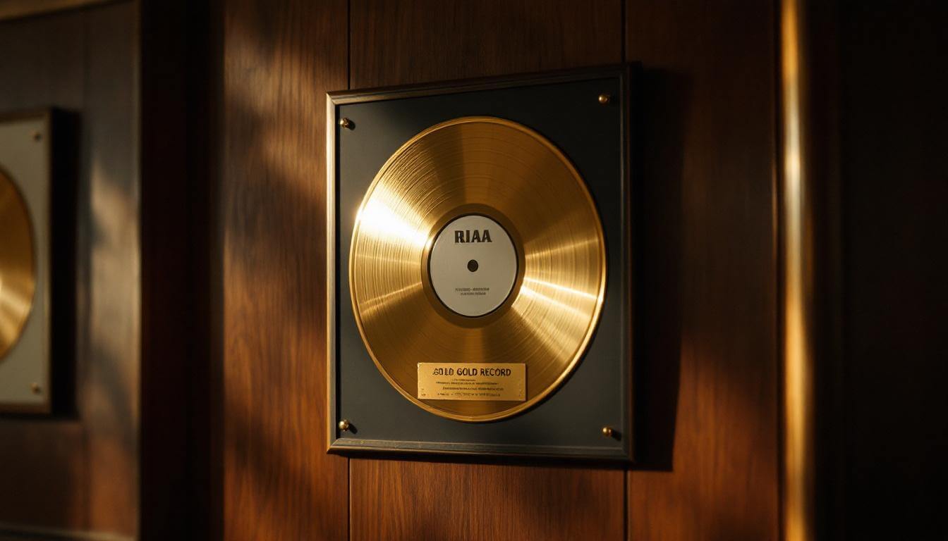 A vintage RIAA gold record plaque on a dark wood wall — Lord Willin' chart receipts for Clipse 2002