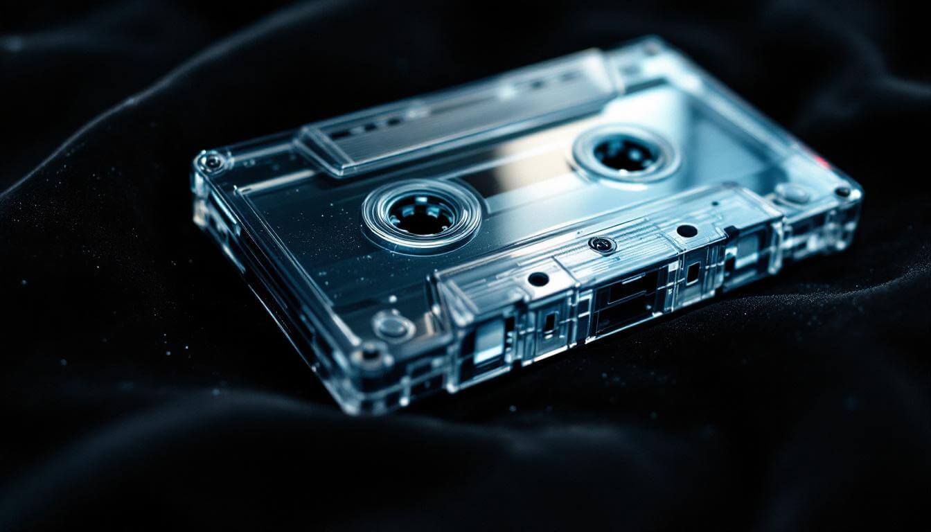 clear plastic cassette tape macro on black velvet, hip-hop physical media collector