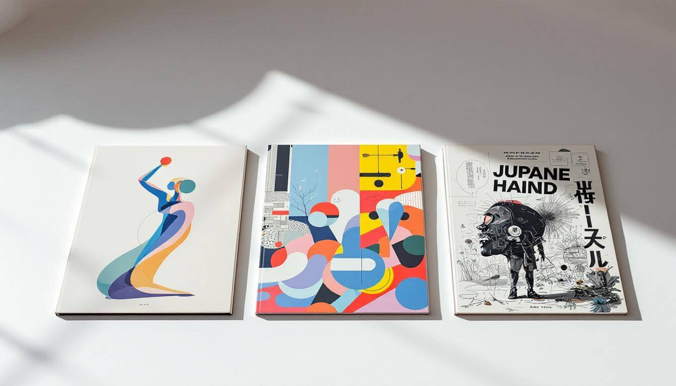 Three abstract art-print album cover sleeves flat-lay, contemporary collectible-art photography