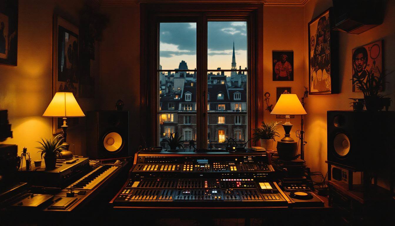 Atmospheric Paris recording studio with vintage SSL console, Haussmann rooftops at dusk
