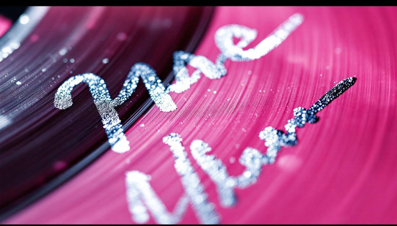Macro close-up of signatures in silver paint marker on a vinyl record sleeve insert