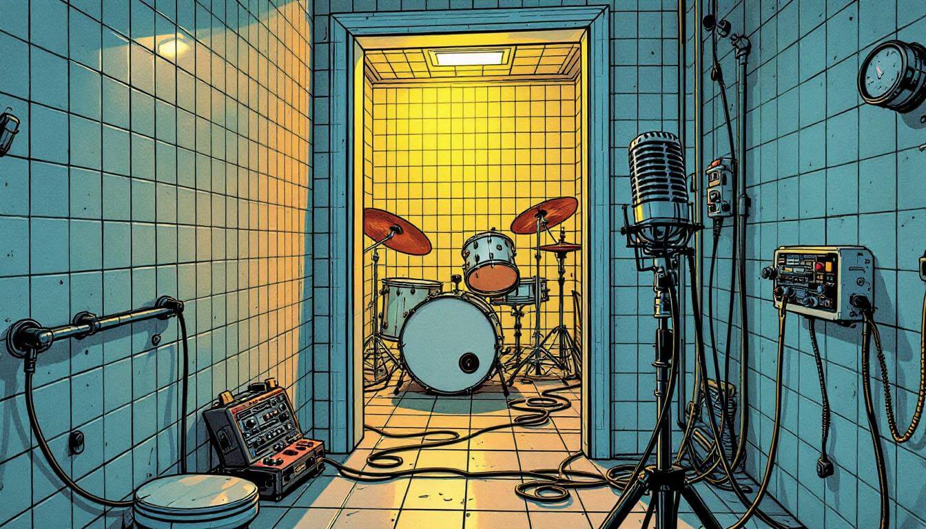 Bathroom drums recording trick from In Full Gear 1988