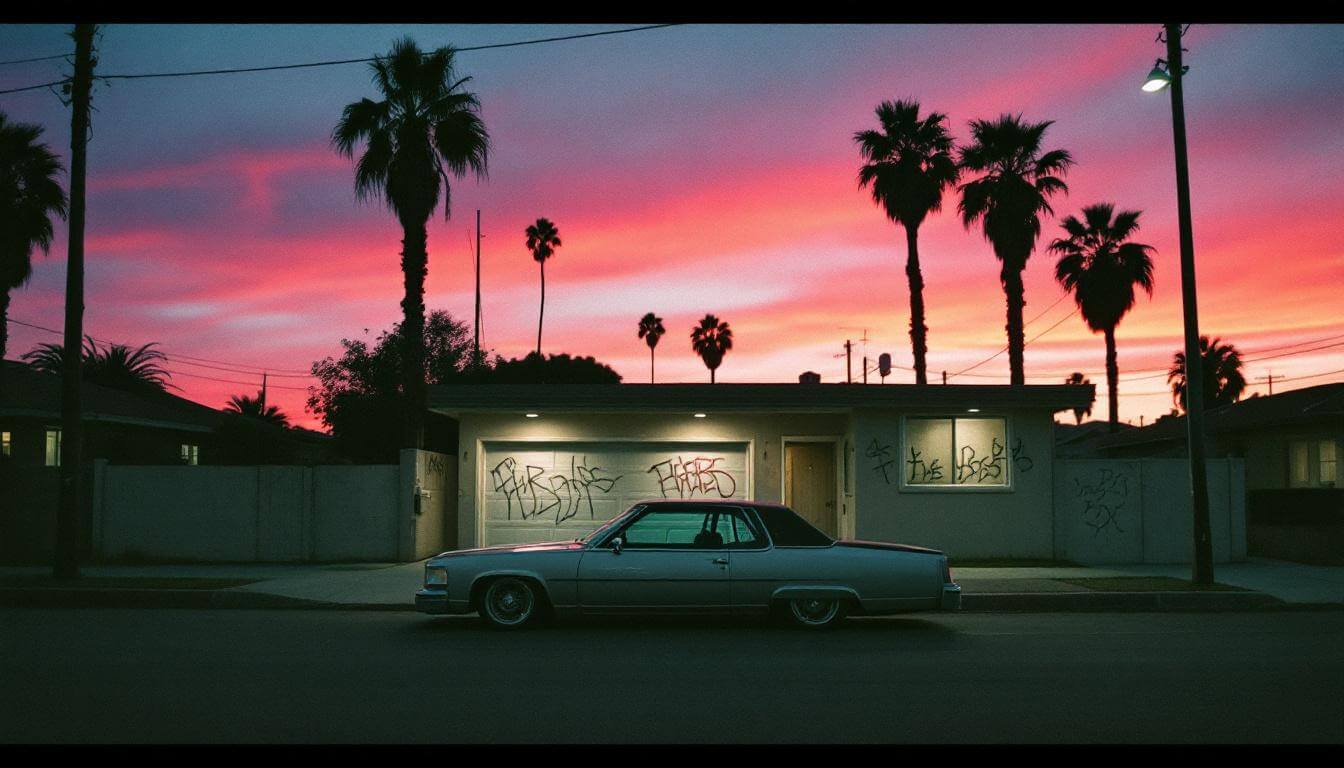 Vintage 1980s South Central Los Angeles street scene at dusk — the era that built the ice-t t-shirt catalog