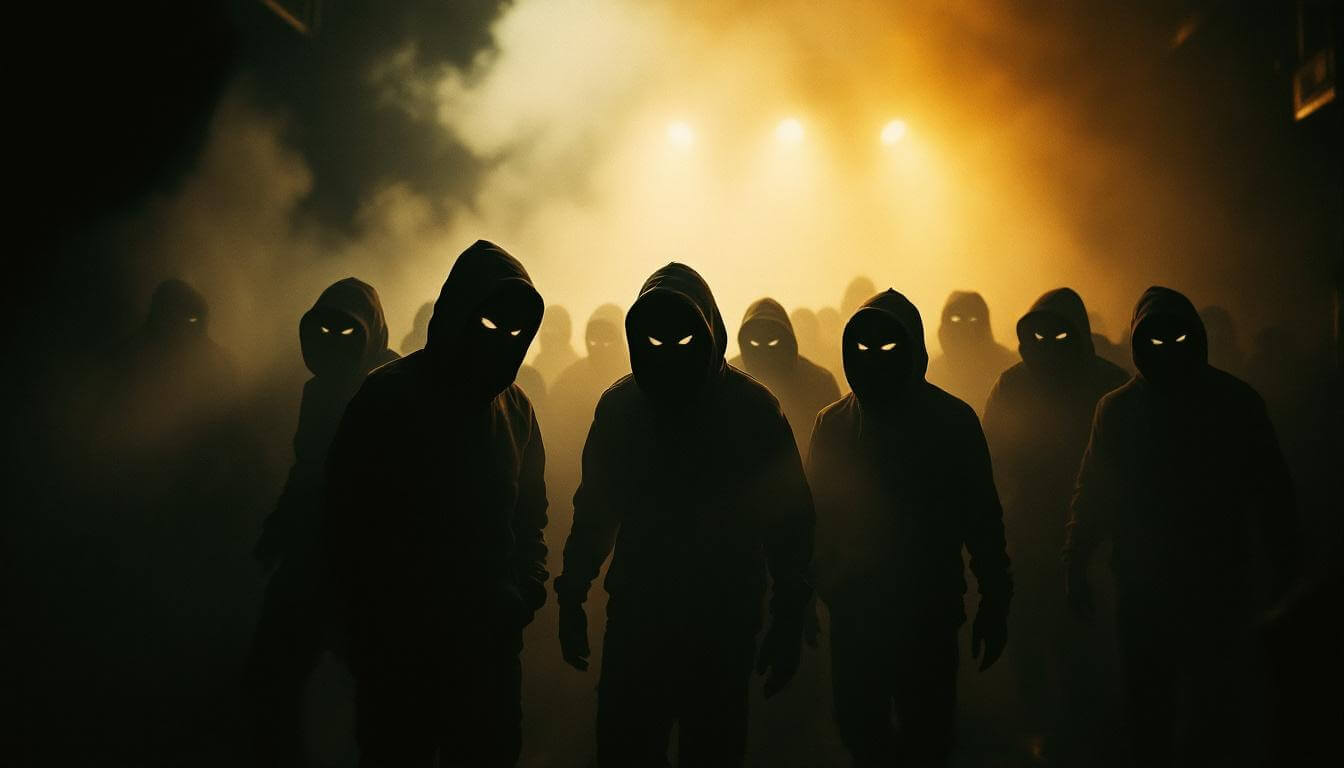 wu-tang album covers — masked crew bum-rushing a smoke-filled stage
