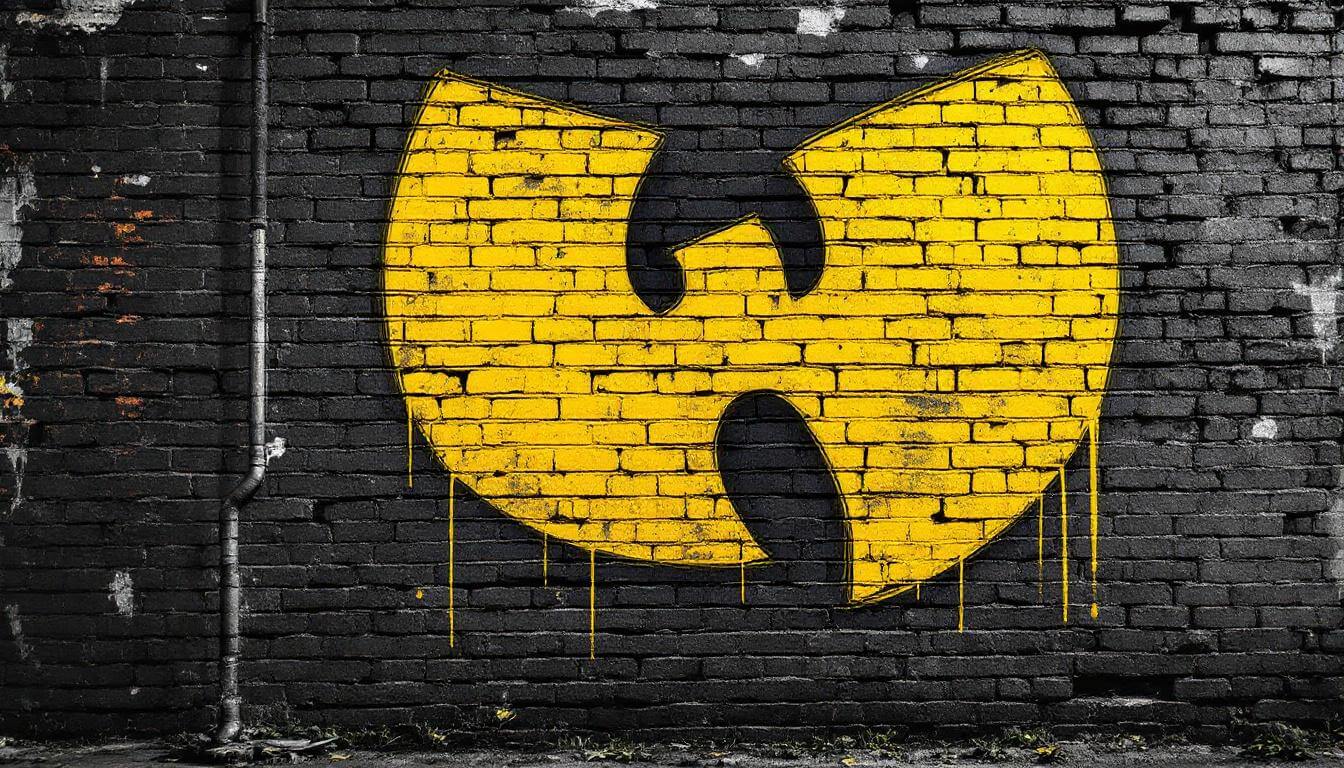 The Wu-Tang W logo as yellow graffiti on a brick wall