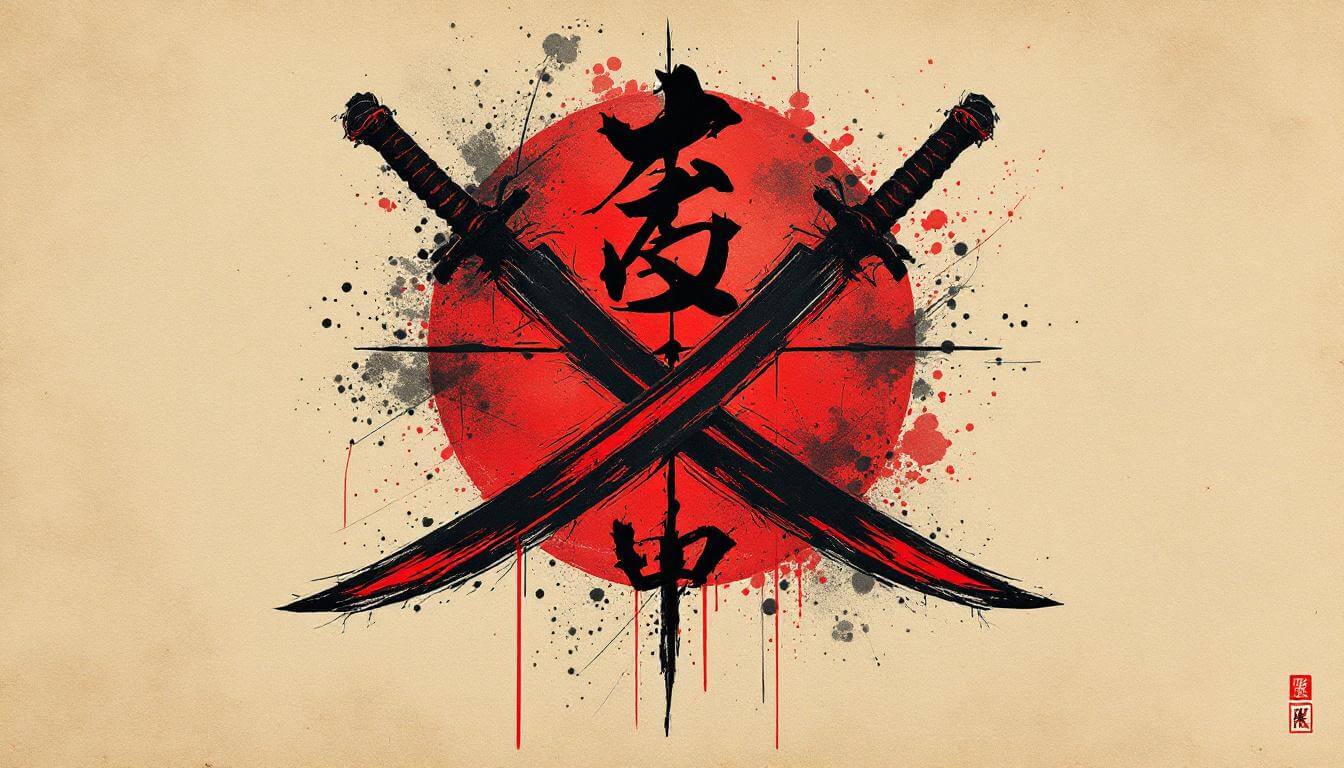 Shaolin calligraphy, crossed swords and a bagua eight-trigram diagram