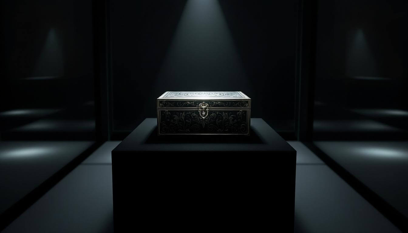 A single hand-engraved nickel-silver box on a velvet pedestal in a museum vitrine