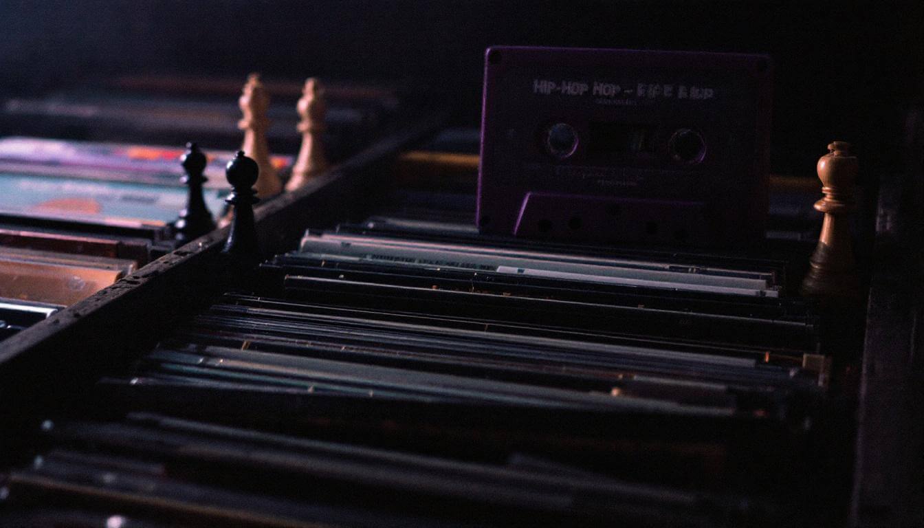 A crate of vintage hip-hop vinyl sleeves, a purple cassette and a chess piece