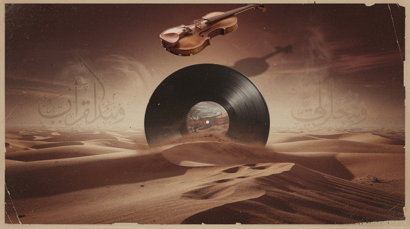 vintage vinyl dissolving into desert sand with violin motif