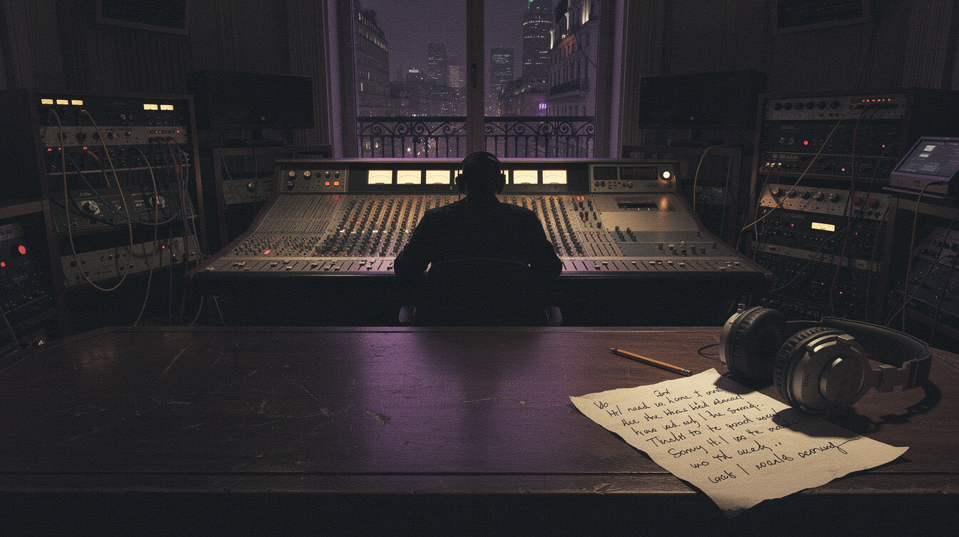 darkened Parisian studio control room with analog mixing console