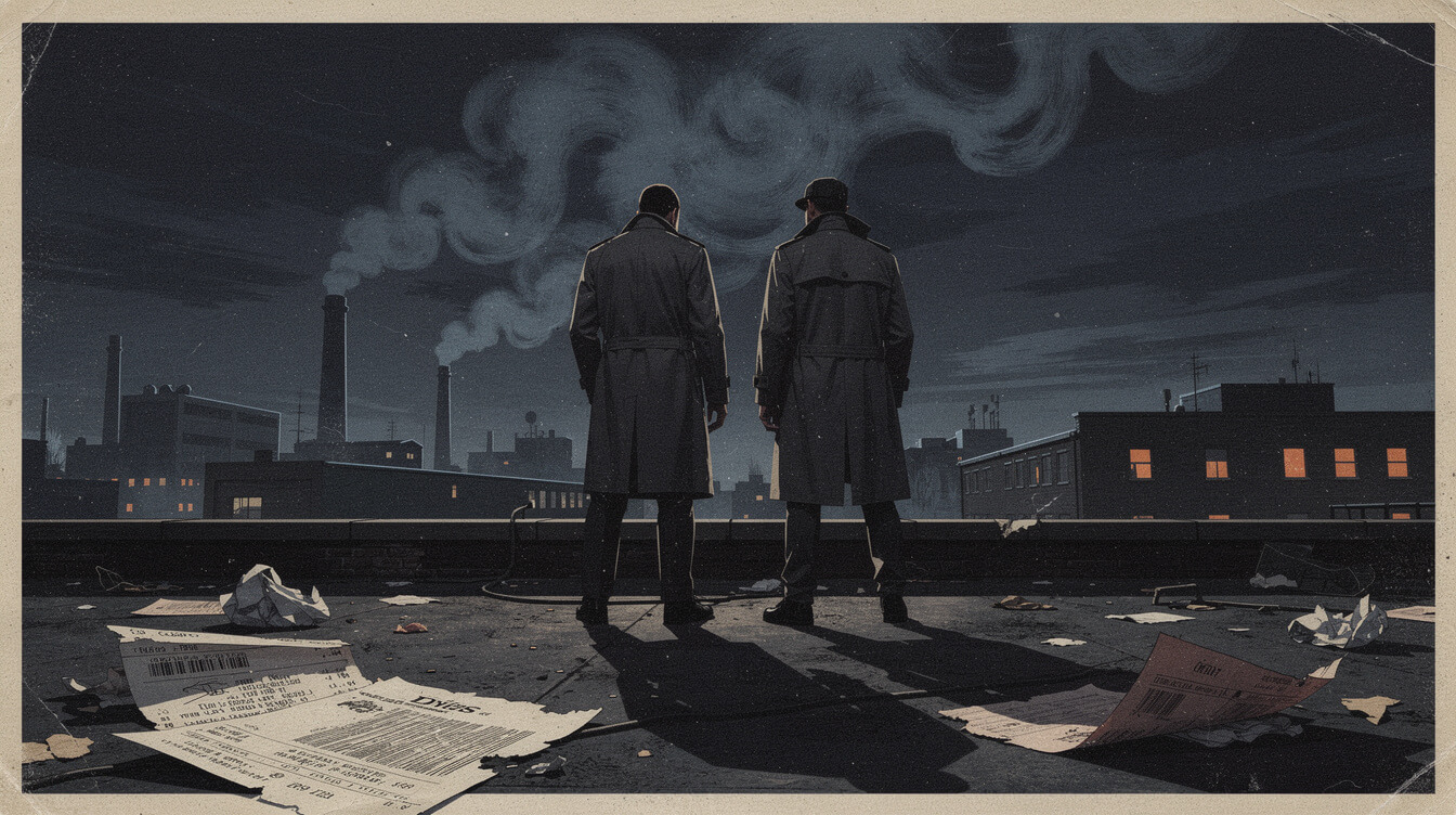 two silhouettes on a rooftop with smoke and torn receipts