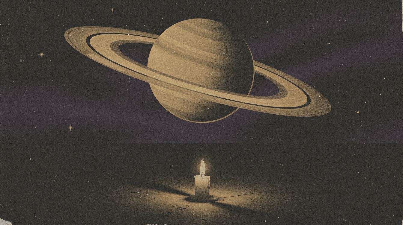 ringed Saturn in golden cosmic dust with a single candle