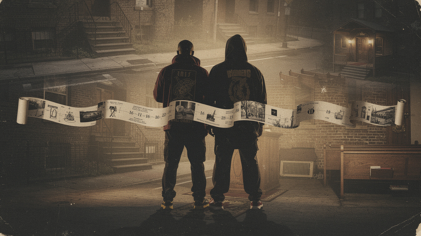two silhouettes over a 16-year timeline with faded street photographs