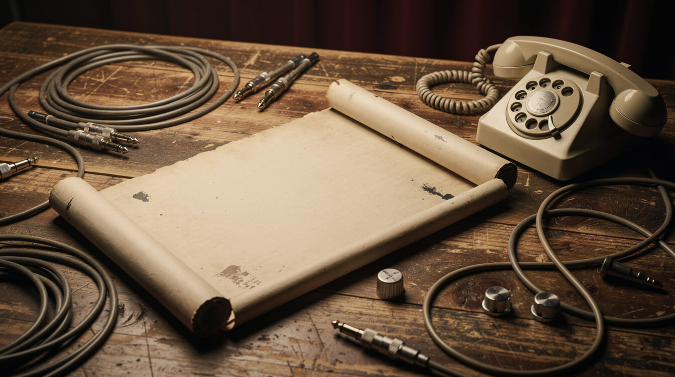 vintage tracklist scroll laid across a wooden studio table with analog gear