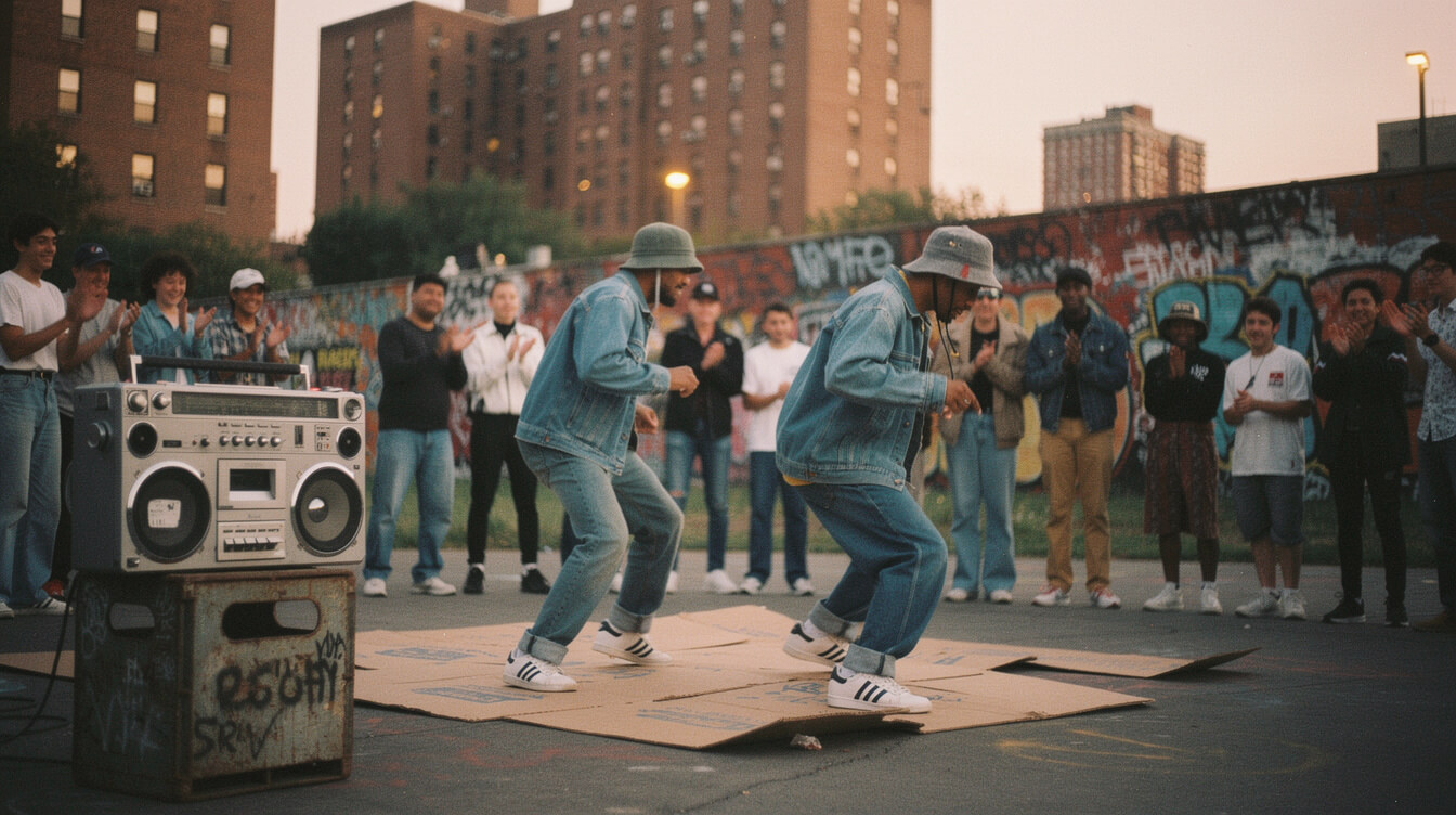 early eighties Bronx park-jam b-boy fashion with Lee suits and shell-toe Adidas
