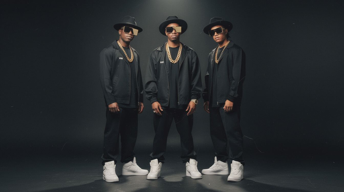 Run-DMC era mid-eighties hip hop fashion with all-black outfits and white Adidas Superstars