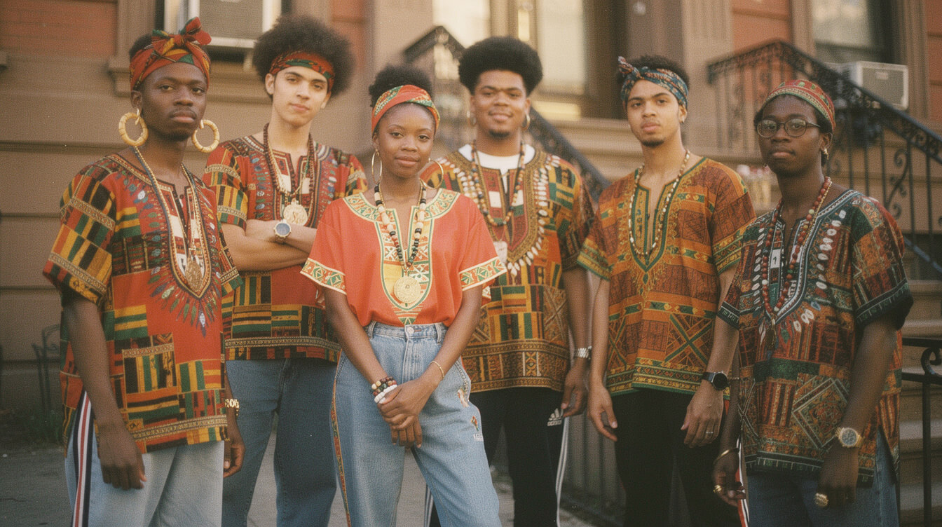 late eighties Afrocentric hip hop fashion with medallions and African prints from the Native Tongues era