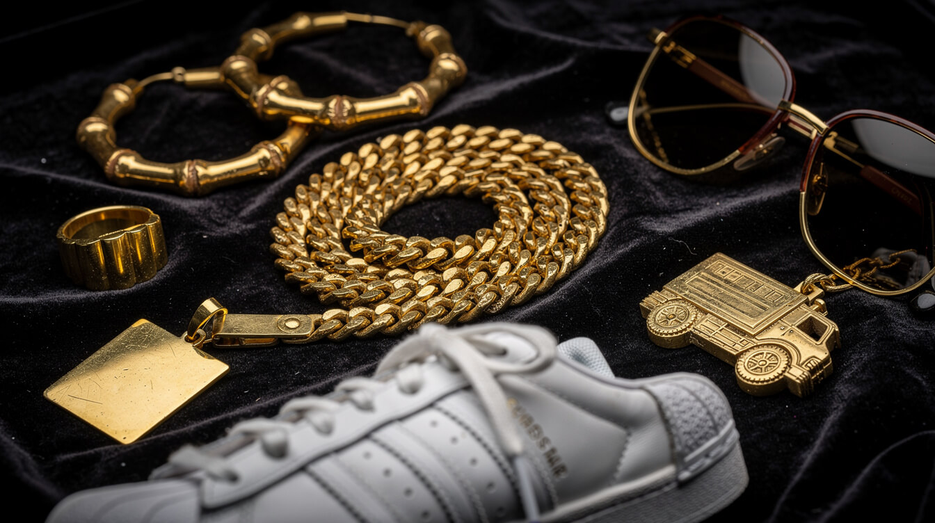 eighties hip hop gold dookie rope chain, bamboo earrings, Cazal frames, and shell-toe Adidas hardware