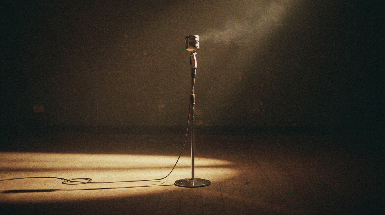 Single vintage chrome microphone on a stand in a dim warm-lit 1987 studio