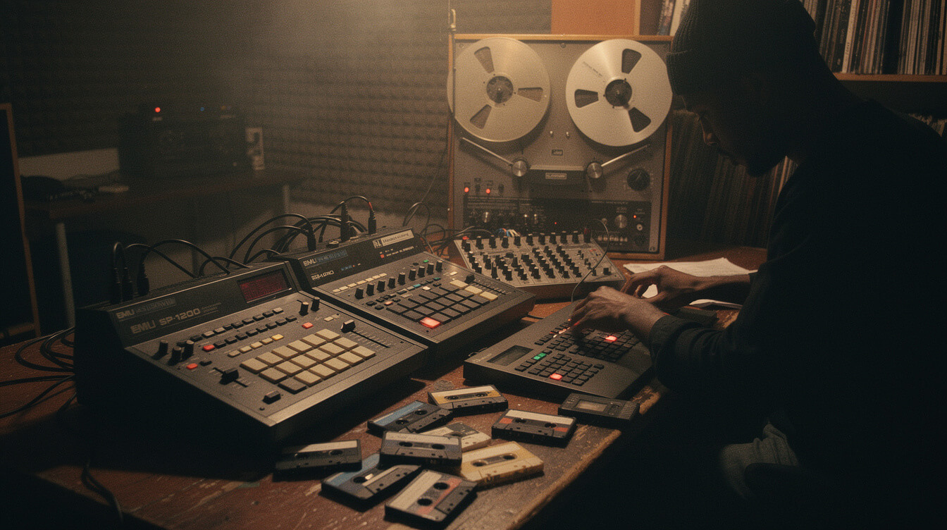 Eric B and Rakim Paid in Full era studio with SP-1200 sampler and reel-to-reel tape machine
